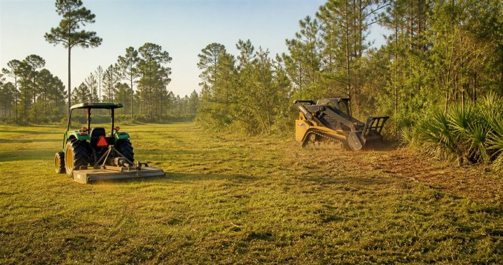 Tractor brush hogging a passable Florida field while a forestry mulcher works at dense brush