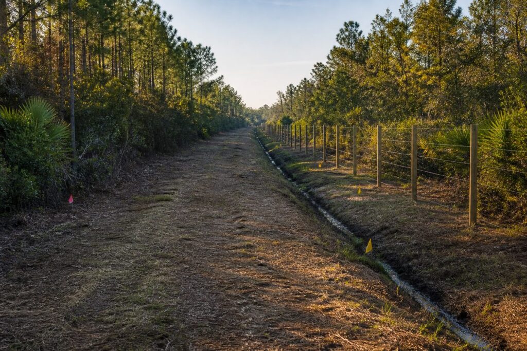 Opened fence line and access lane with drainage and utility markers in Florida brush