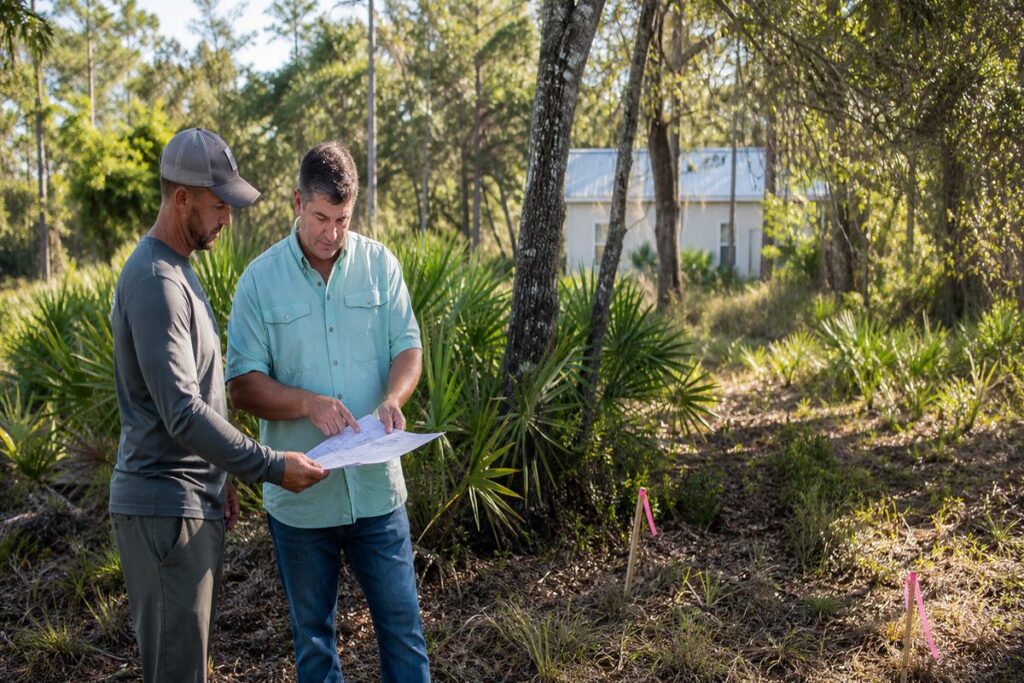 Contractor and property owner reviewing a site plan before clearing a Florida lot