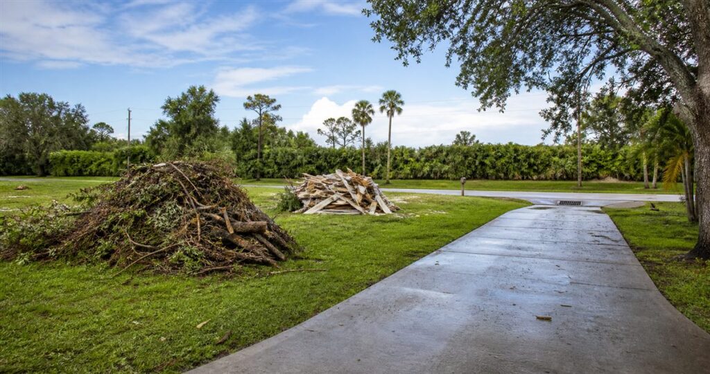 Vegetative and construction storm debris separated on private lawn beside a clear driveway