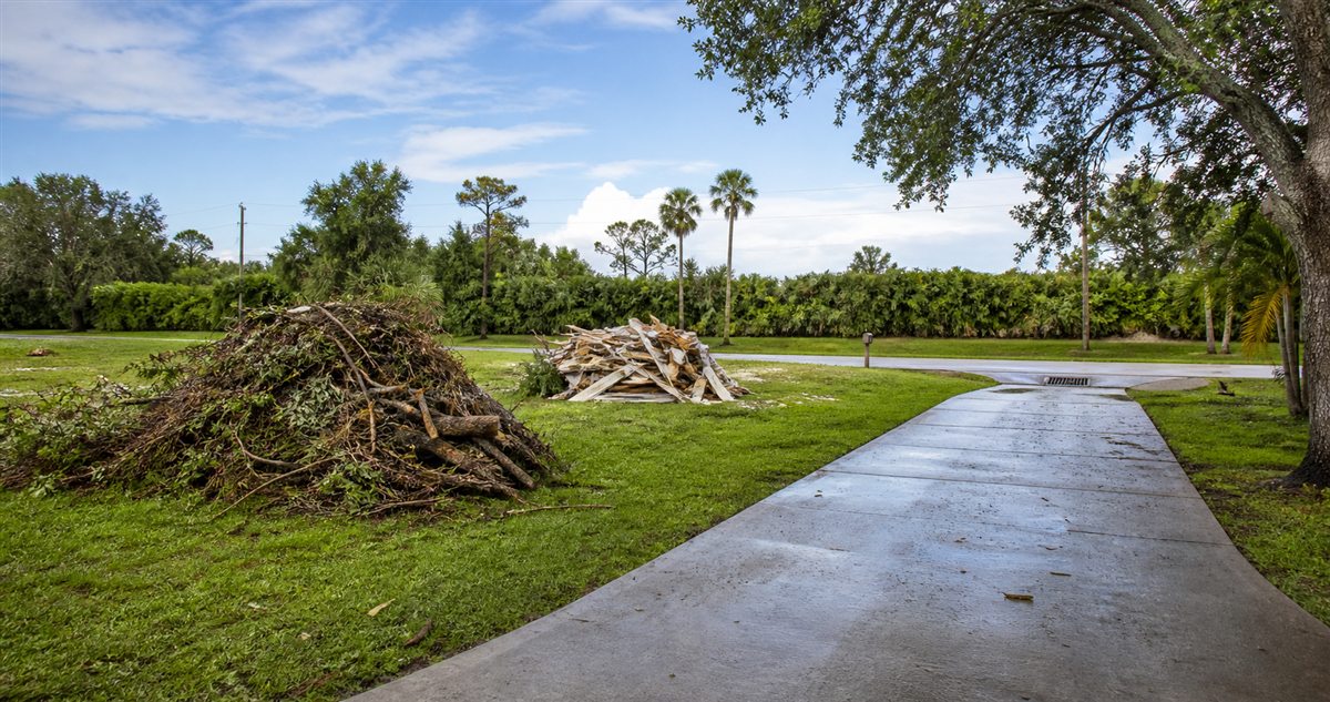 Vegetative and construction storm debris separated on private lawn beside a clear driveway