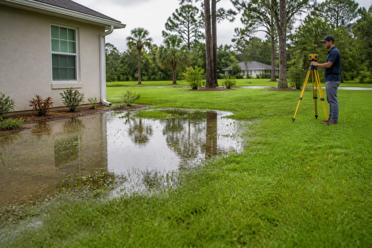 Contractor checking the grade beside standing water in a Florida yard