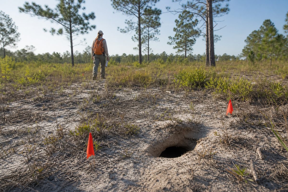 Field surveyor documenting a gopher tortoise burrow on a sandy Florida lot
