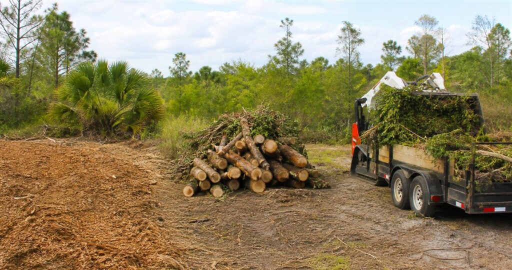 Mulched ground, separated logs, and a trailer loaded with vegetation debris on a Florida property