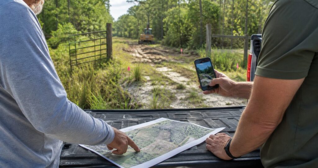 Property owner and contractor reviewing a parcel map and site photos at a Florida property
