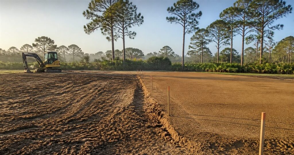 Rough-graded soil beside a smoother finish-graded area with grade stakes in Florida