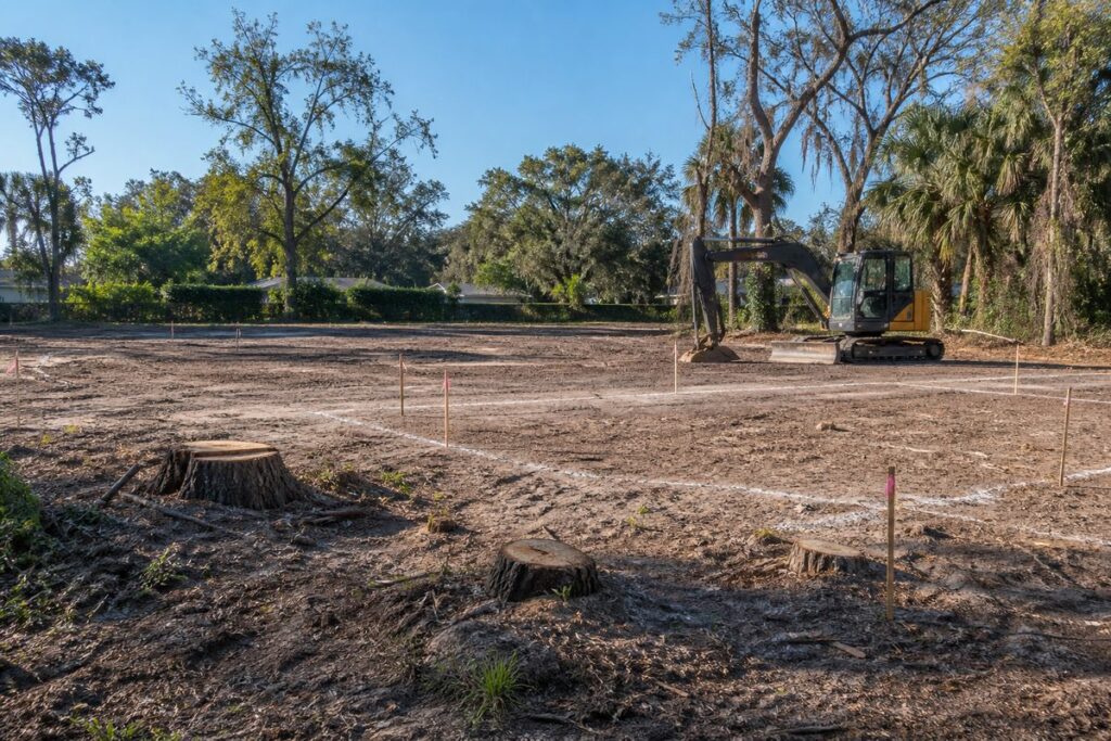 Stumps, grade markers, and parked excavator on a Florida site prepared for grading