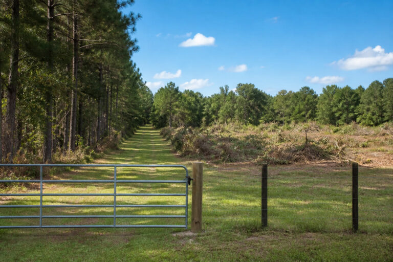 Mowed access lane, brush-control area, wooded buffer, fence, and gate on Florida acreage