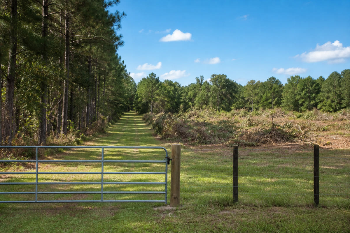 Mowed access lane, brush-control area, wooded buffer, fence, and gate on Florida acreage