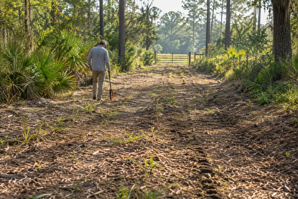 Property owner inspecting regrowth and shallow ruts along a cleared Florida access route