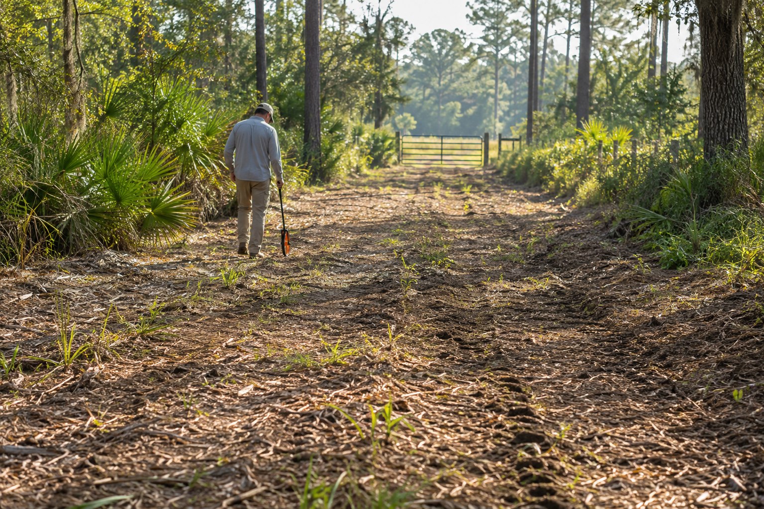 Property owner inspecting regrowth and shallow ruts along a cleared Florida access route