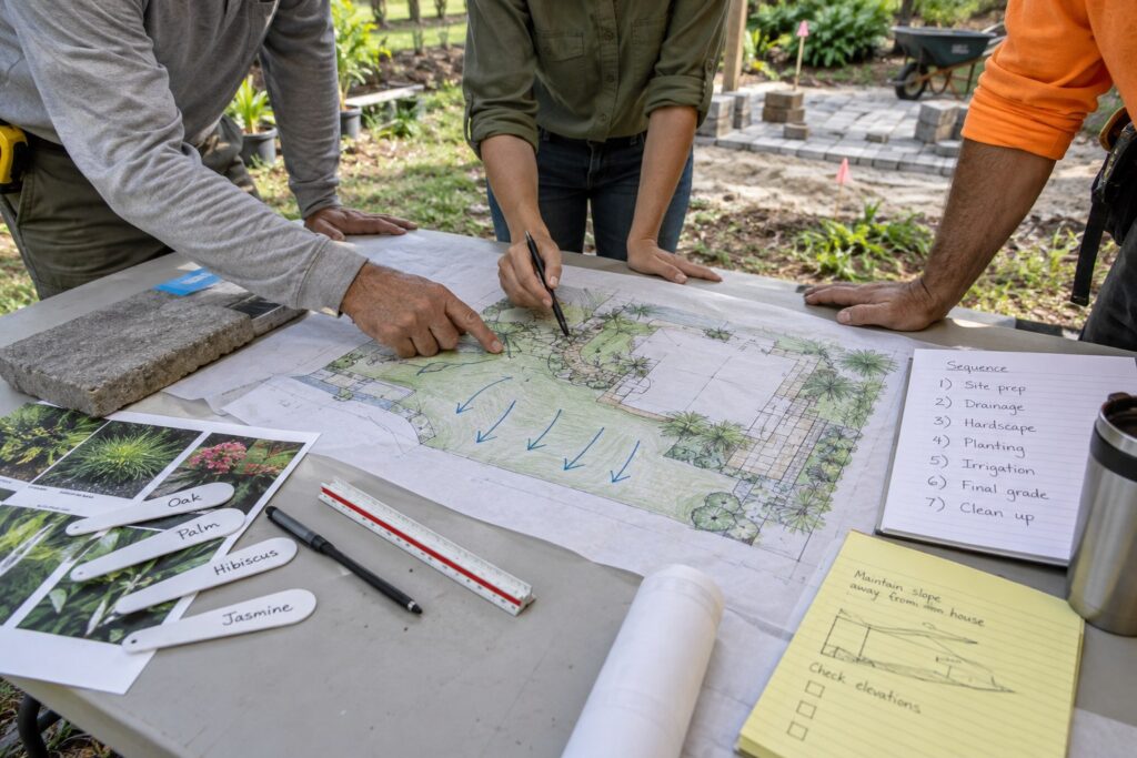 Three outdoor trade representatives coordinating drainage, hardscape, and planting on one site plan