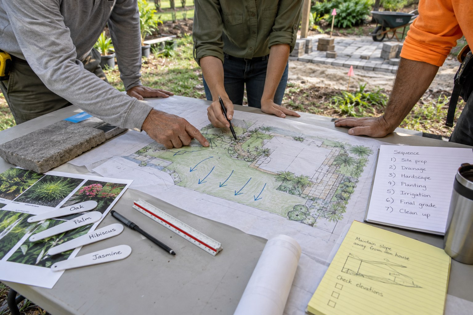 Three outdoor trade representatives coordinating drainage, hardscape, and planting on one site plan