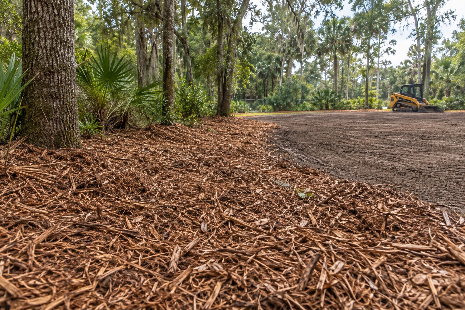 Forestry-mulched ground beside a prepared future-use zone on a Florida property