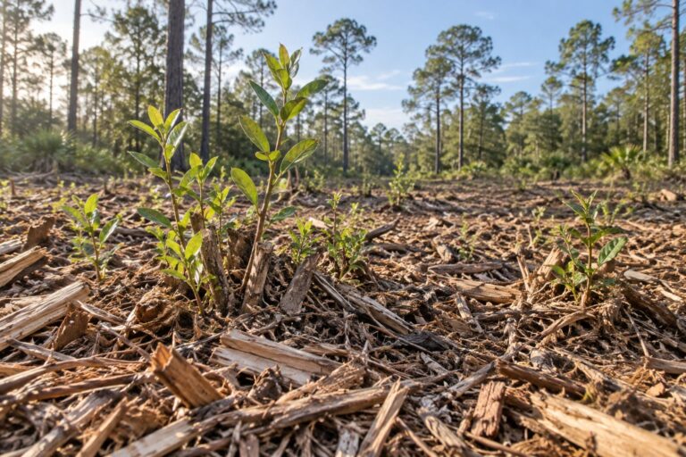 Green shoots emerging around a cut stem on a wood-covered clearing