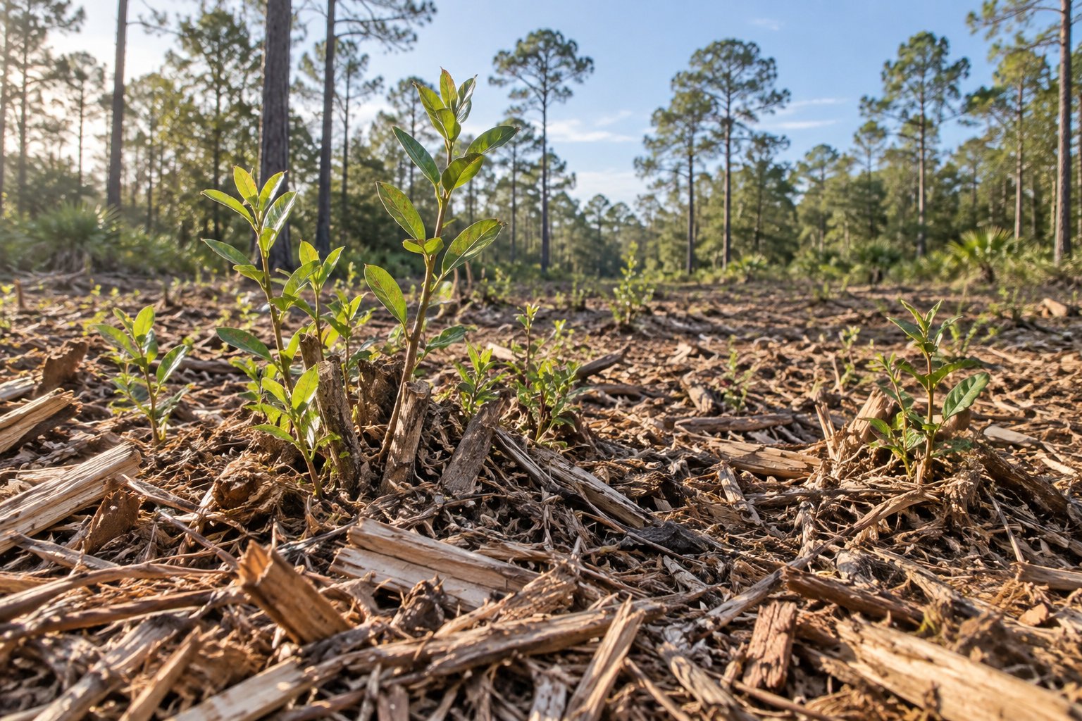 Green shoots emerging around a cut stem on a wood-covered clearing