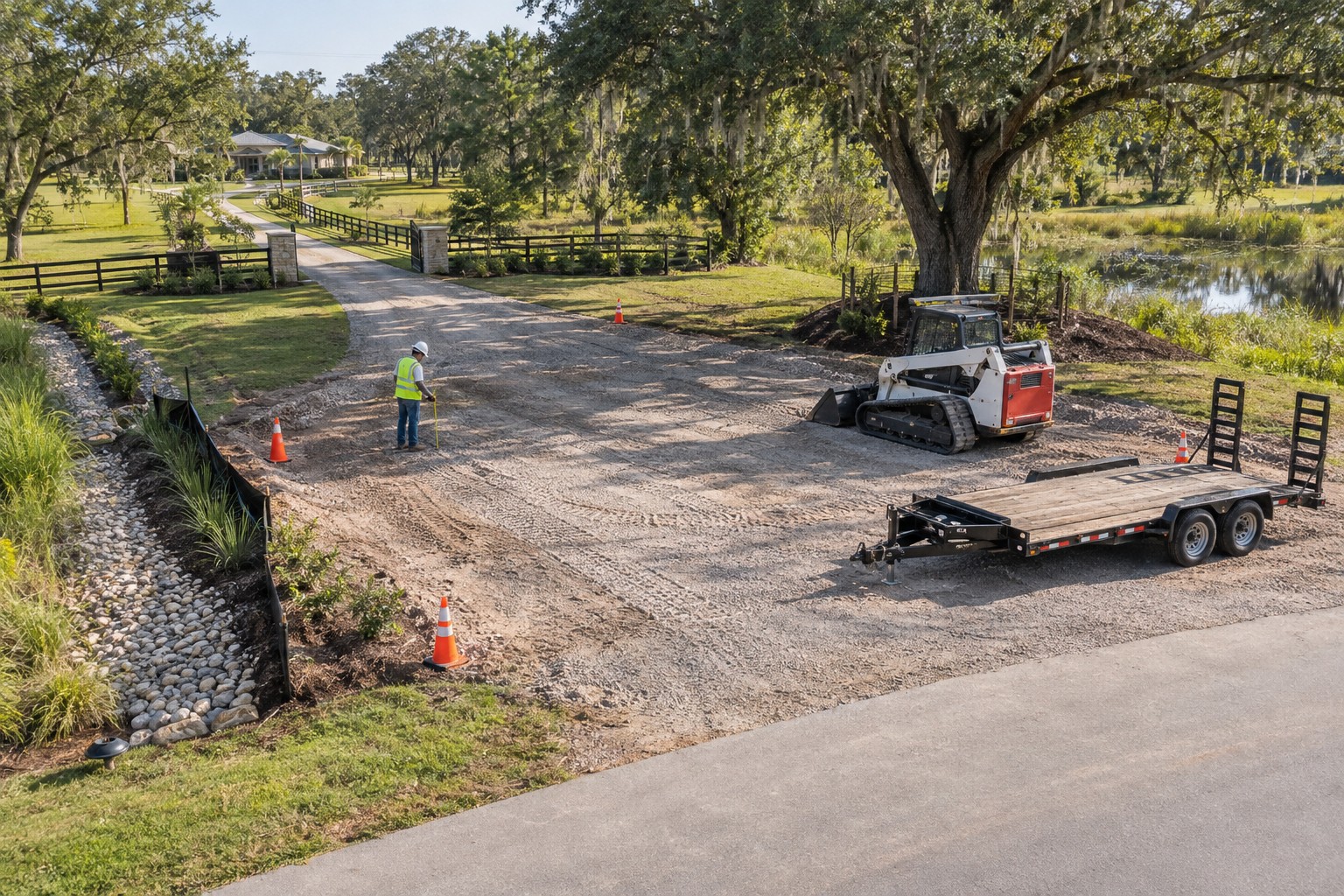 Marked heavy-equipment staging area with a trailer, compact loader, and protected drainage edge