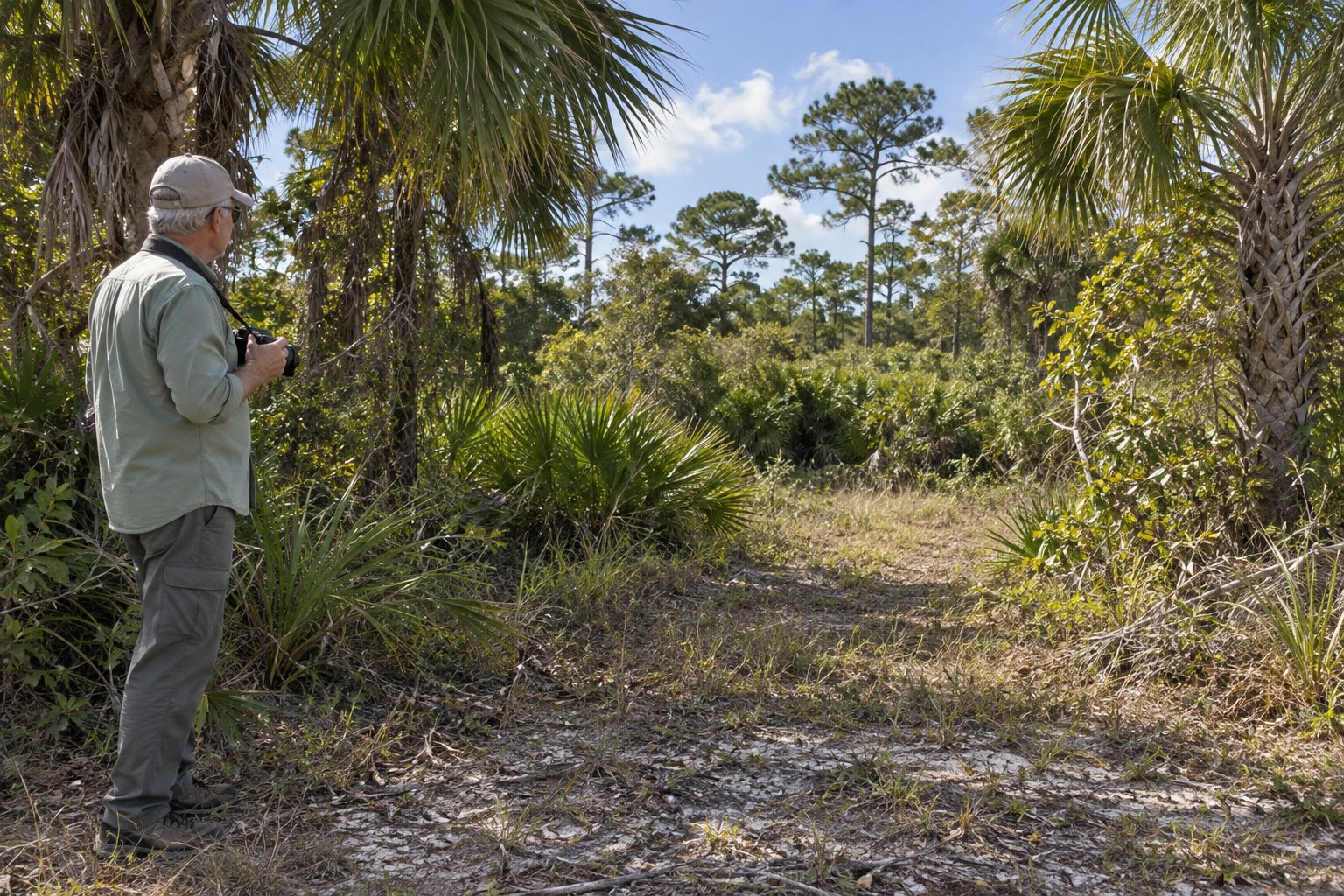 Man holding a camera at a modest opening framed by palms and retained vegetation