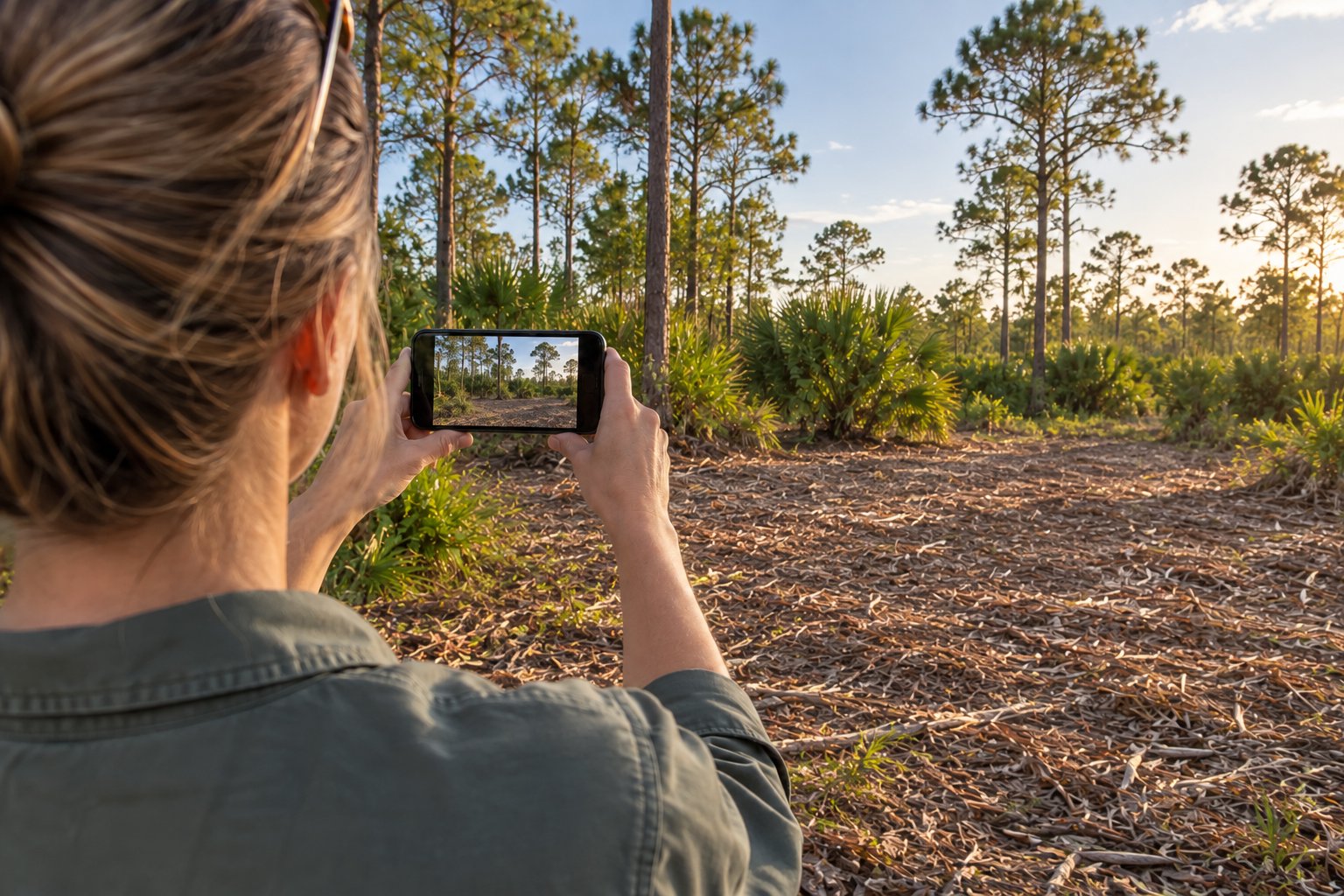 Property owner comparing a phone photograph with the edge of a cleared area