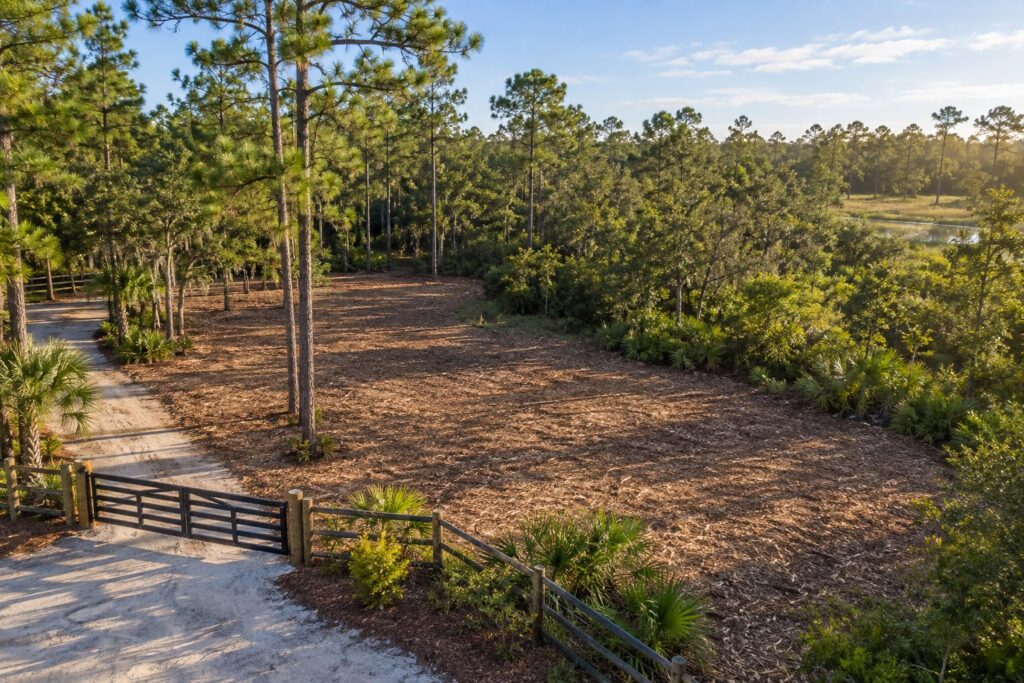 Open mulched area connected to a property entrance beside retained woodland