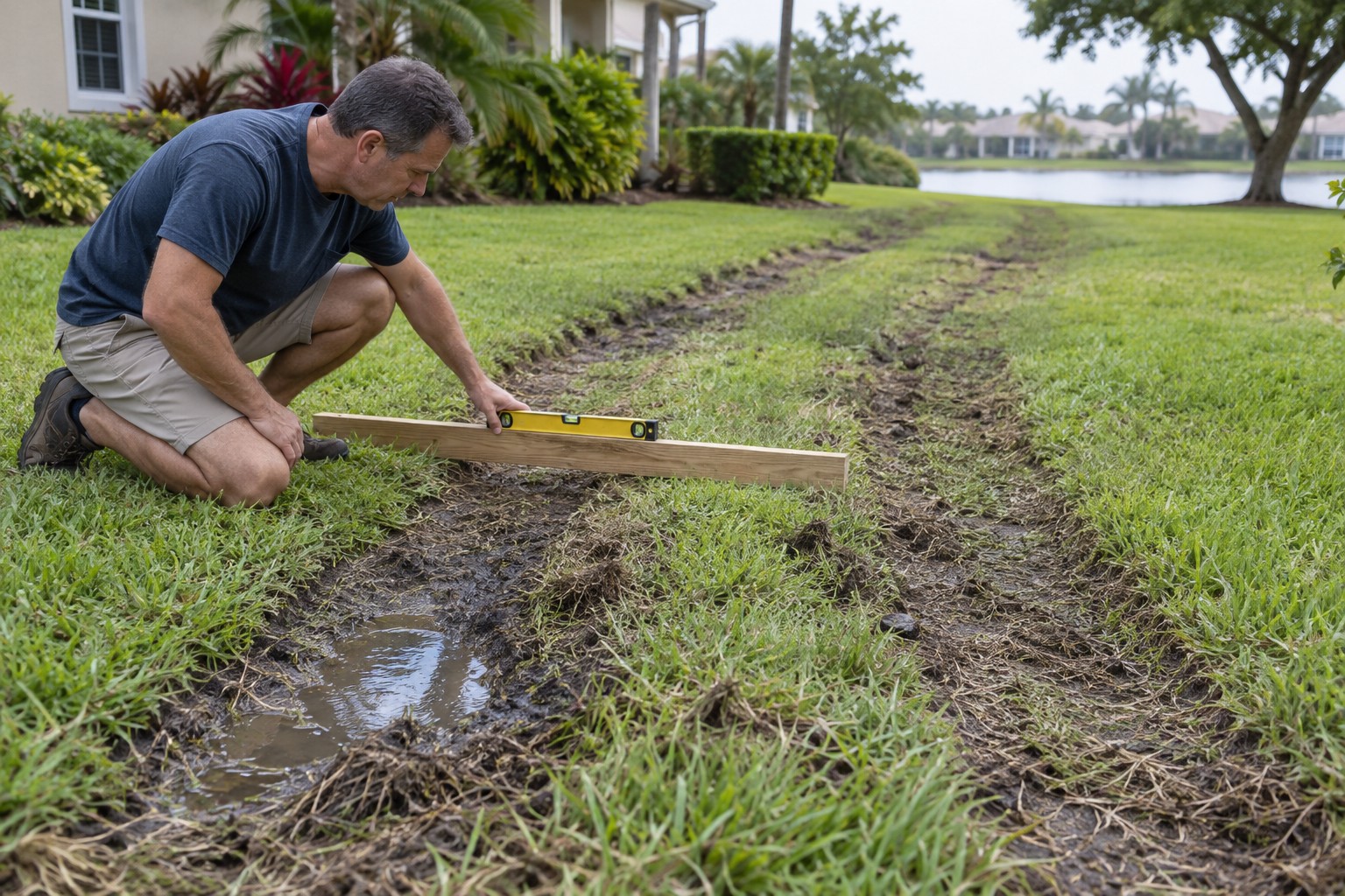 Property owner checking rut depth and standing water along an equipment travel lane in a lawn