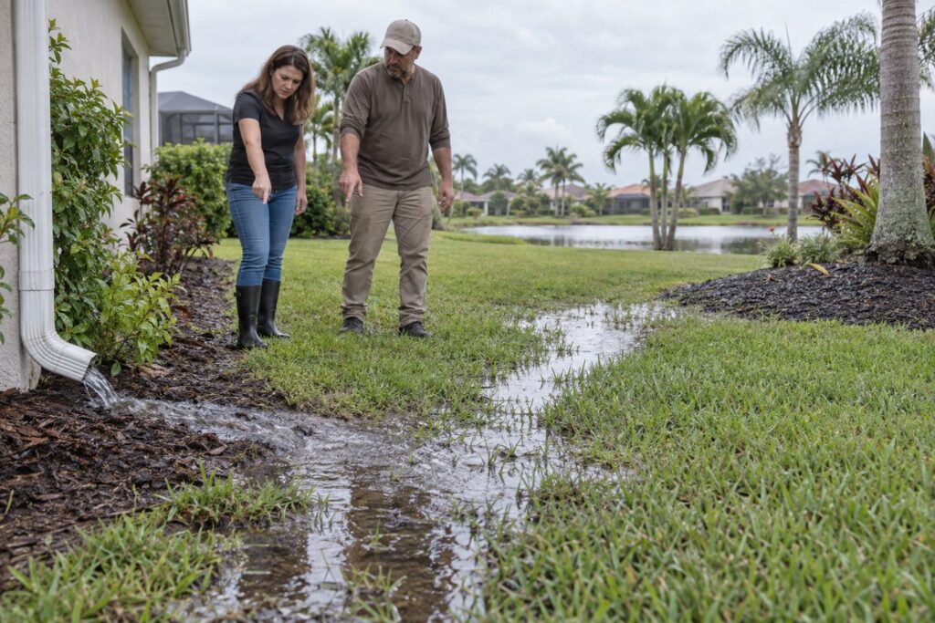 Property owner and contractor tracing the path of standing water through a Florida yard