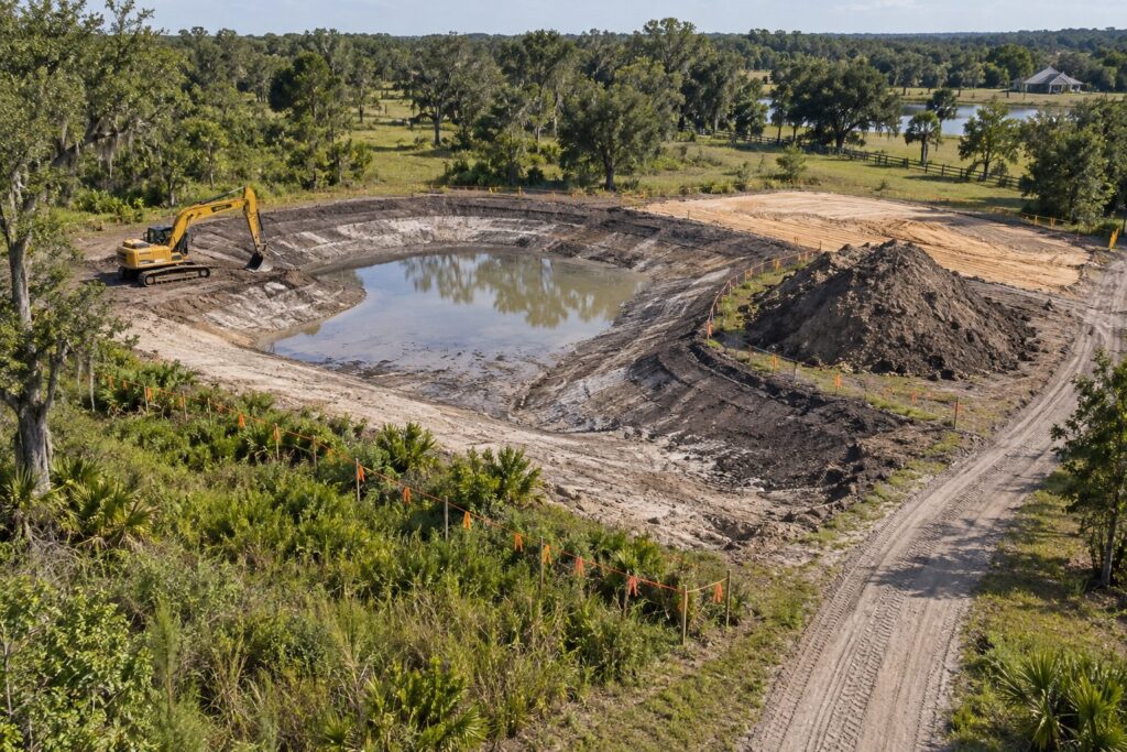 Pond excavation site with a separated soil stockpile, access route, and protected placement boundary