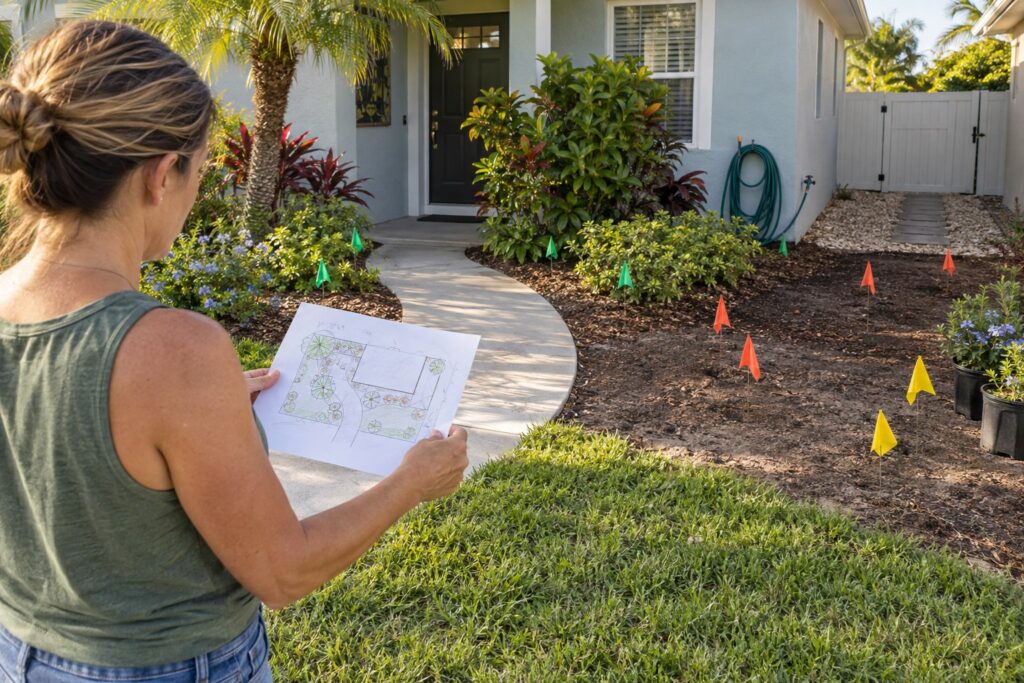 Homeowner reviewing a landscape sketch beside color-marked installation zones in a Florida yard