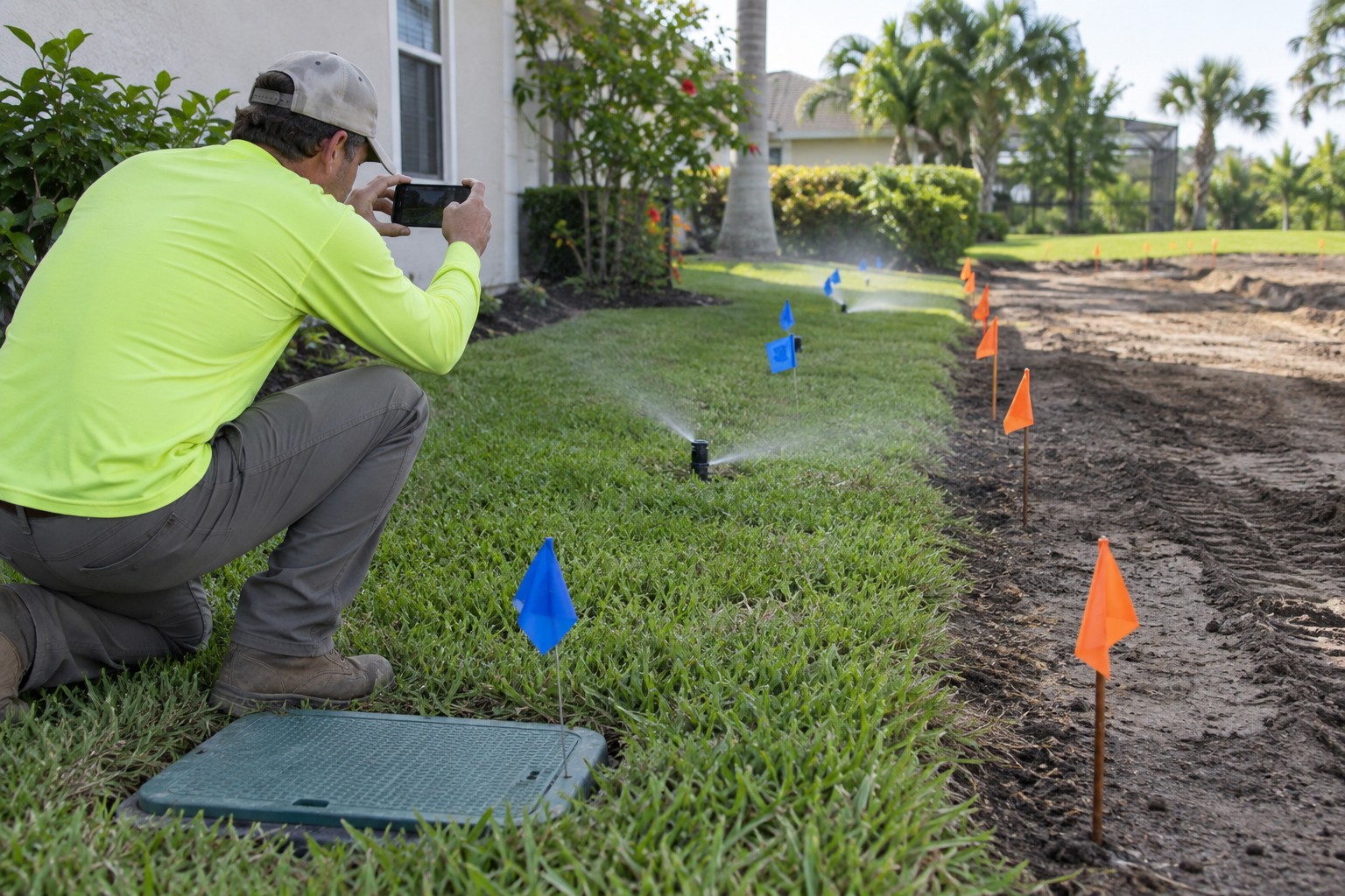 Sprinklers, valve box, and colored work-limit flags marked before Florida site work