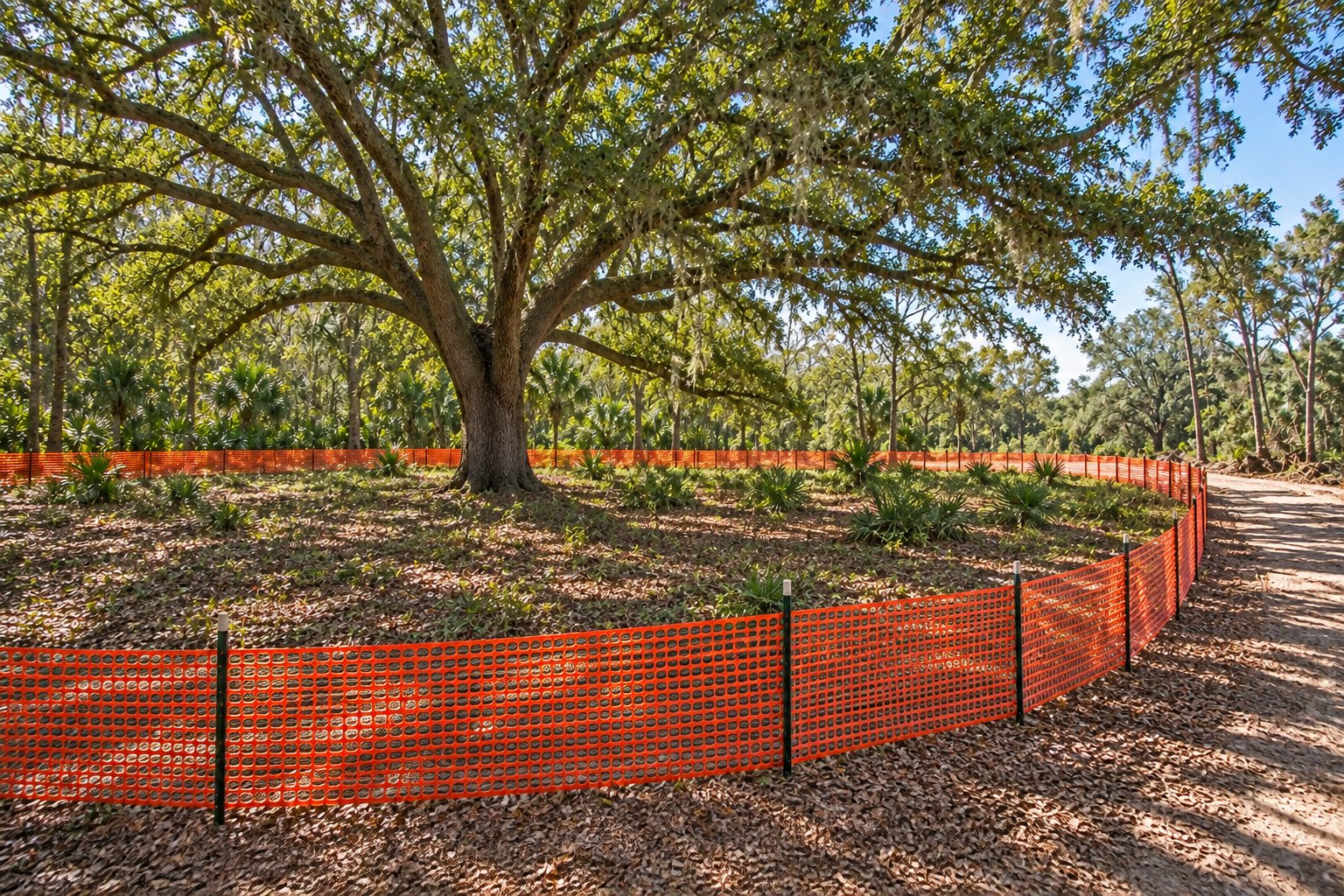 Mature oak enclosed by temporary orange fencing beside a separate work route