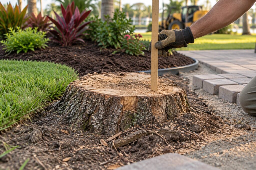 Freshly cut stump being measured beside lawn, planting-bed, and paver finish areas