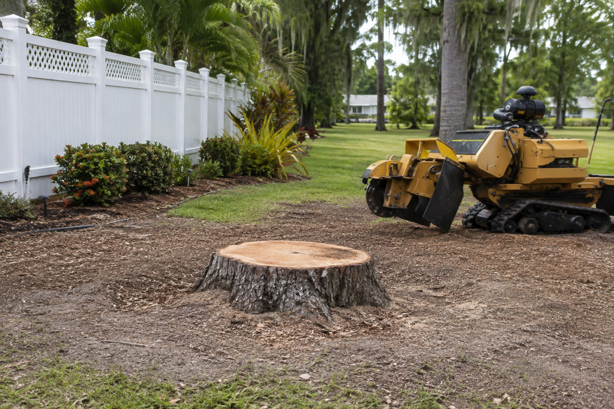 Tree stump and professional stump grinder on a Florida property