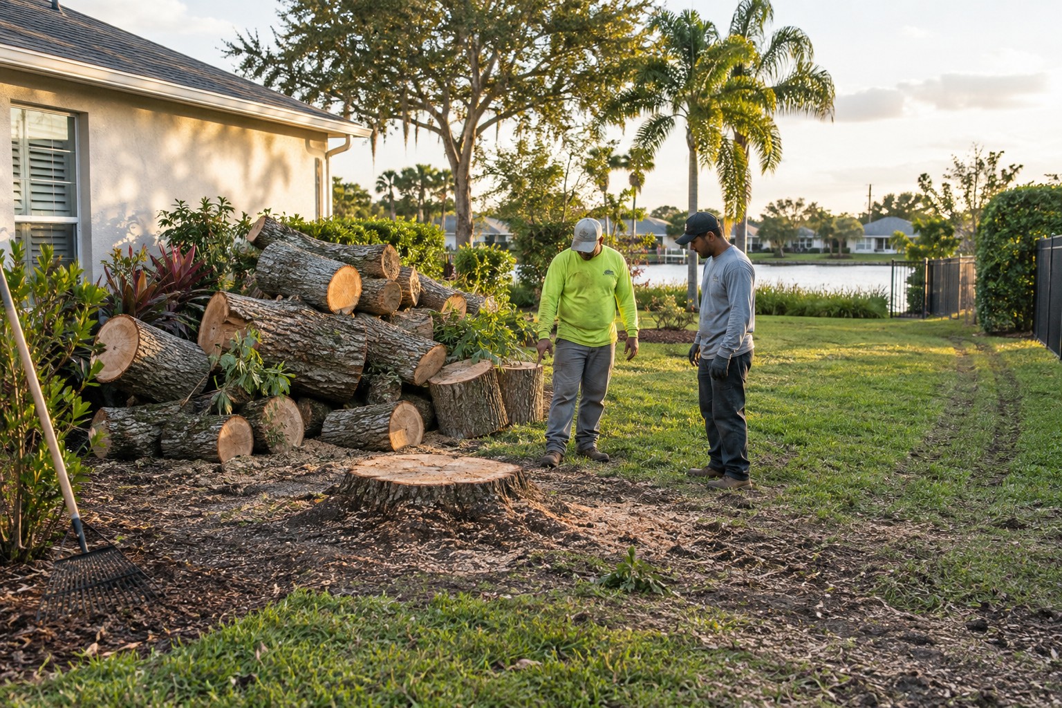 Crew reviewing a stump, consolidated logs, and the access route after tree removal