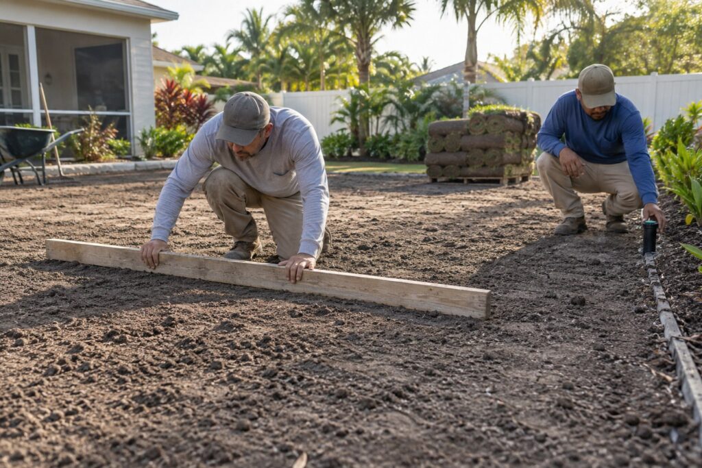 Crew checking grade and sprinkler height on prepared soil before sod installation