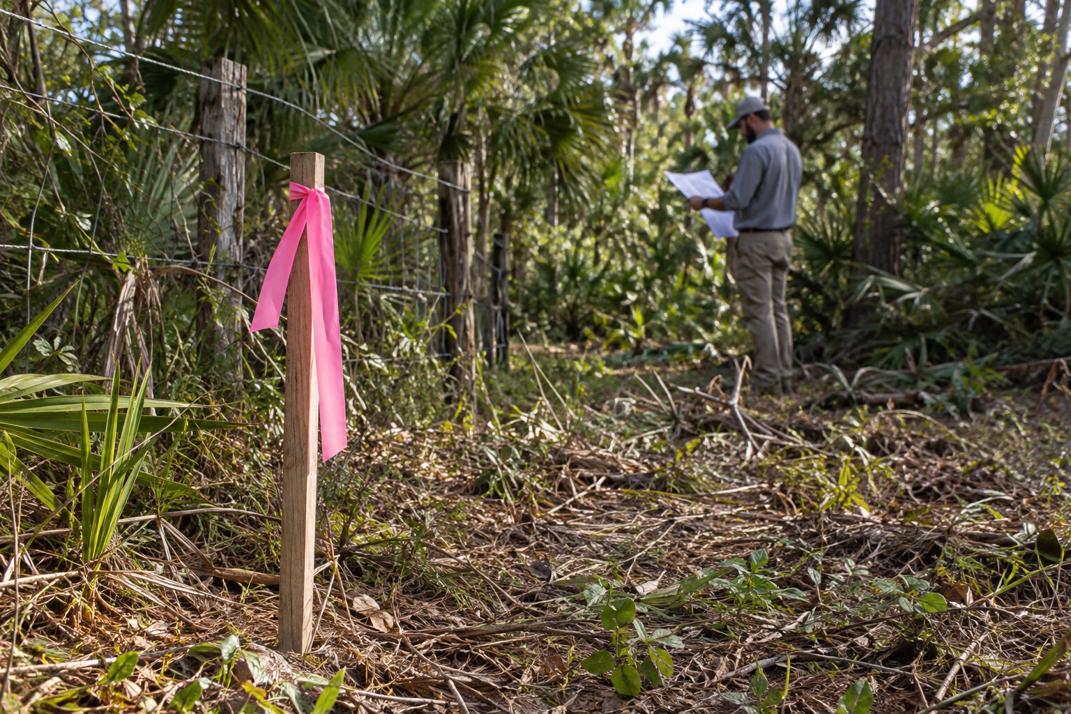 Survey stake and an offset fence beside an overgrown Florida property edge