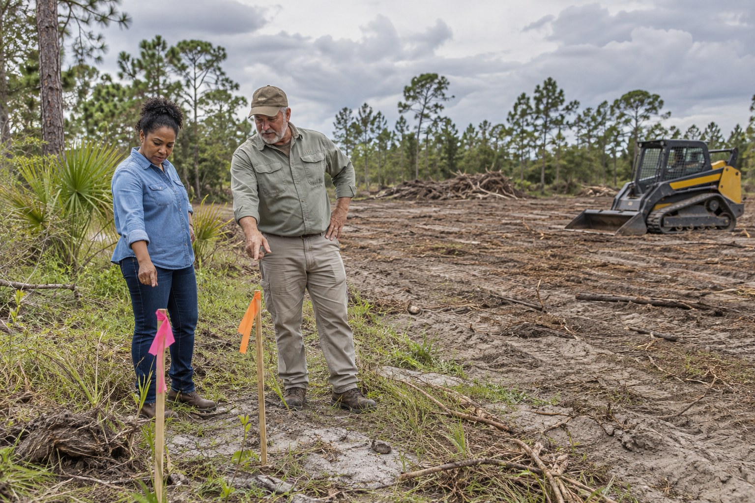Owner and equipment supervisor reviewing flags beside a parked loader on Florida acreage