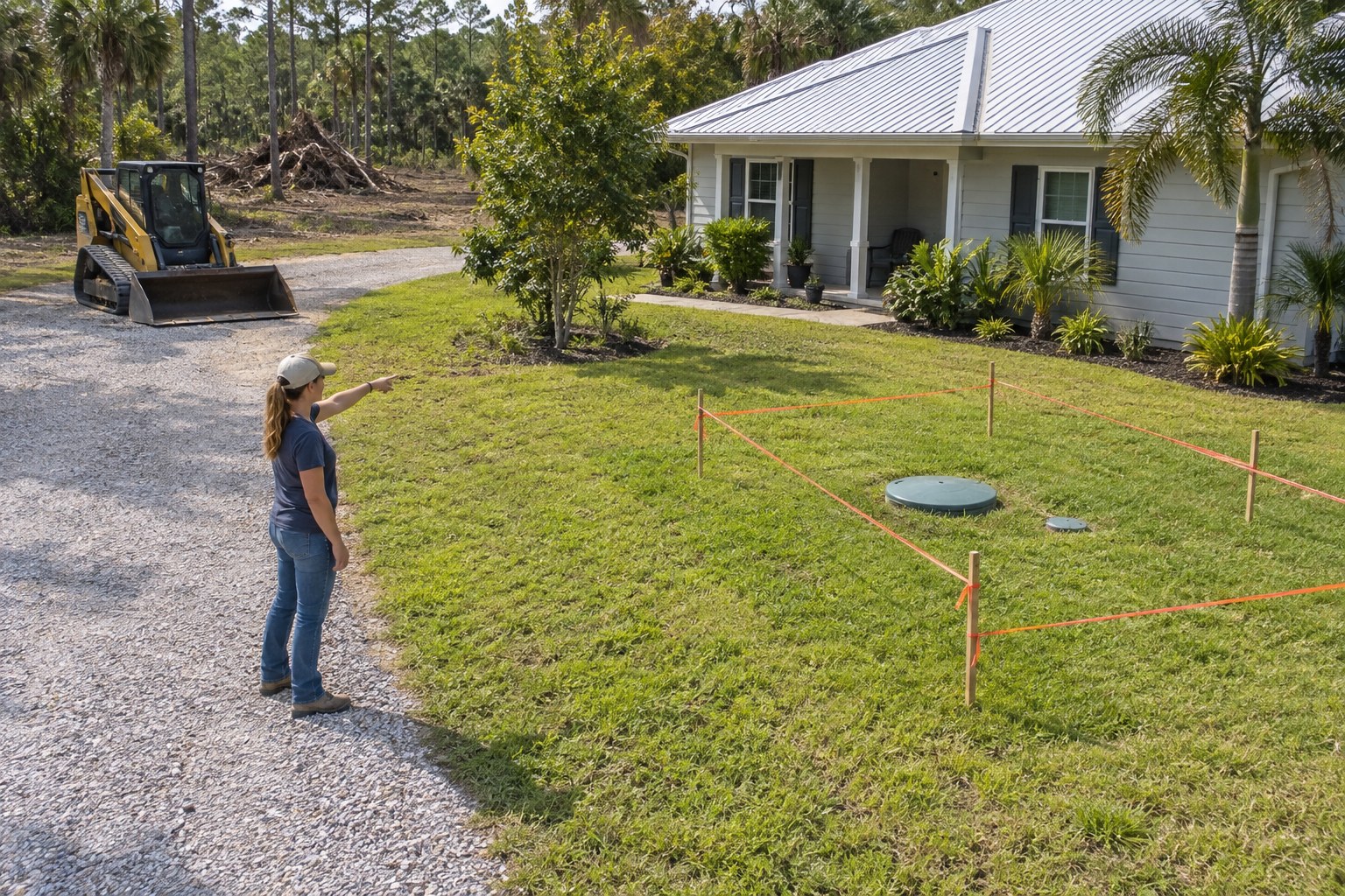 Marked septic lawn kept separate from a loader parked on a gravel driveway